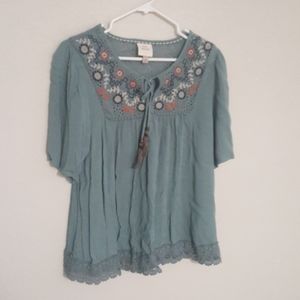 Peasent Top with Floral Embroidery and Lace Detail